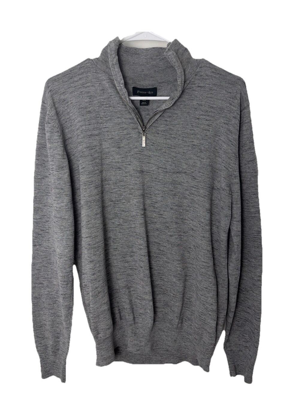 Porter & Ash Sweater 100% Cotton Gray Quarter Zip Mock Neck Medium Ribbed Knit